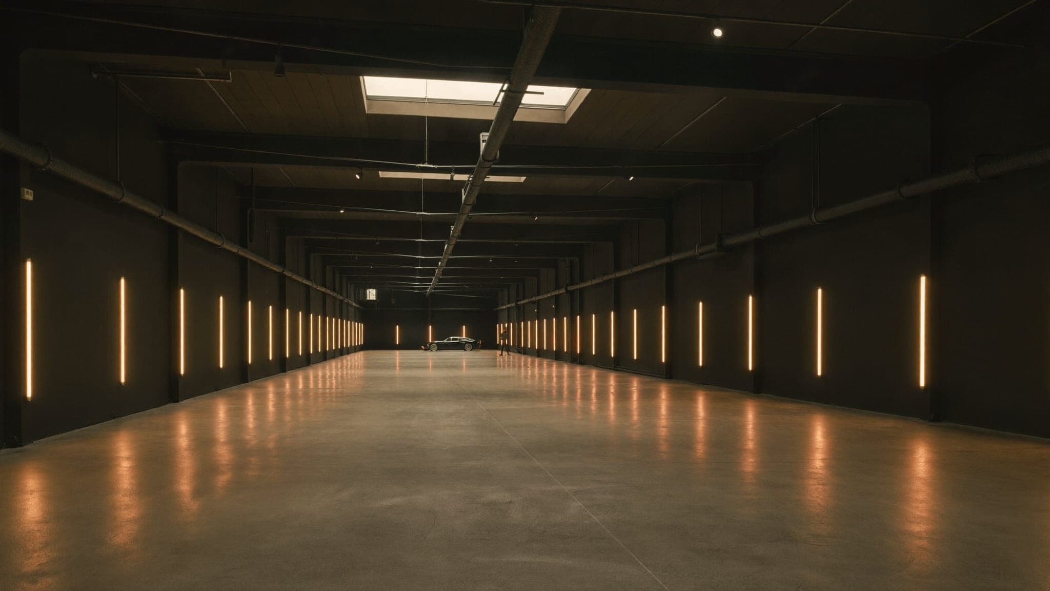 Vast, nearly empty Vault 620 gallery with warm light slots and a single distant car silhouette