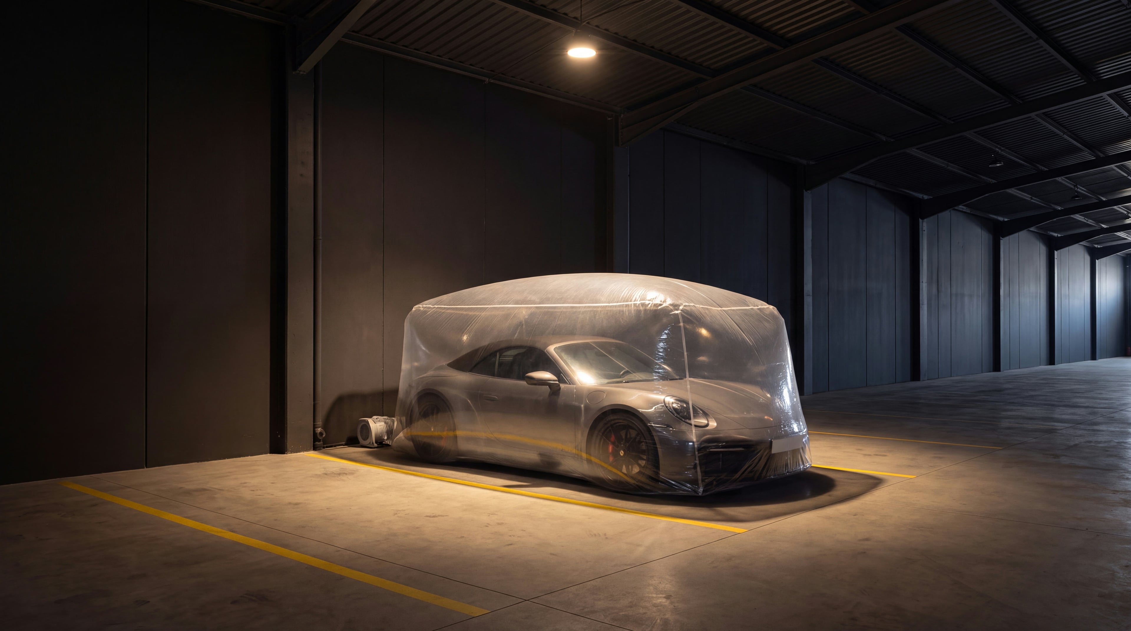 Porsche 911 selado dentro de uma cápsula protetora insuflada no seu espaço na Vault 620