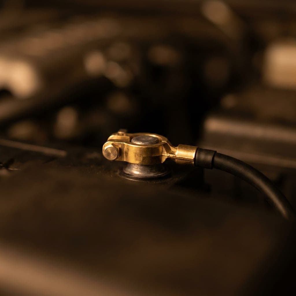 Brass battery conditioning clamp connected to a car battery terminal in close-up