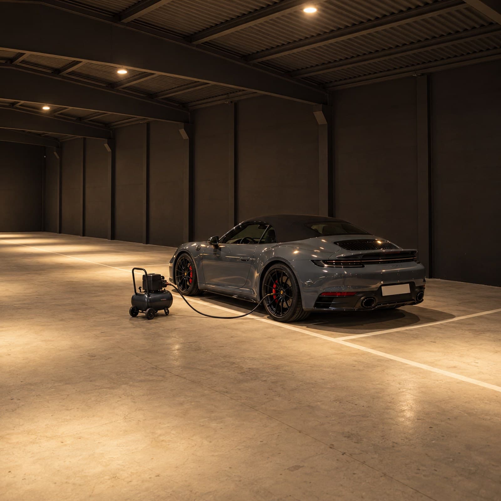Grey Porsche 911 Cabriolet in its bay at Vault 620, a small air compressor beside the rear wheel topping up the tyre