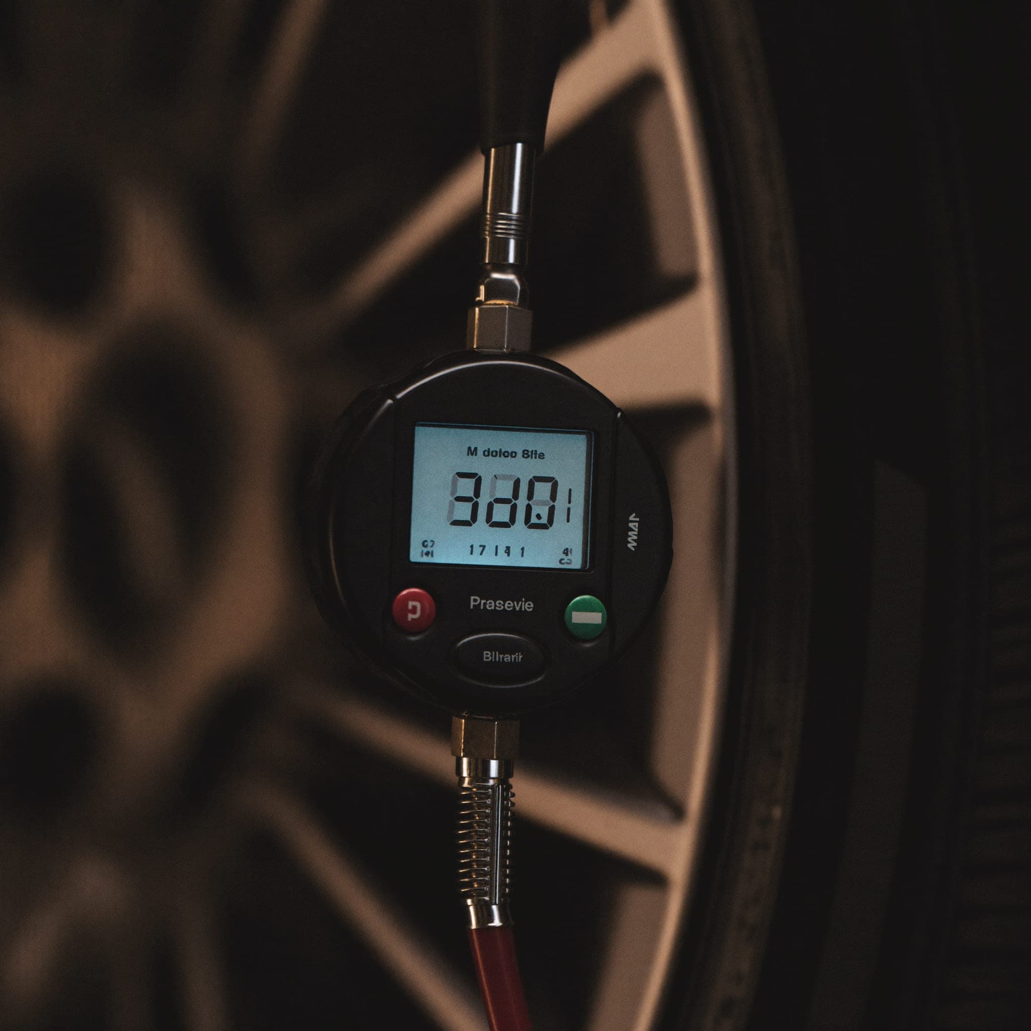 Digital tyre pressure gauge attached to a valve stem on an alloy wheel in close-up