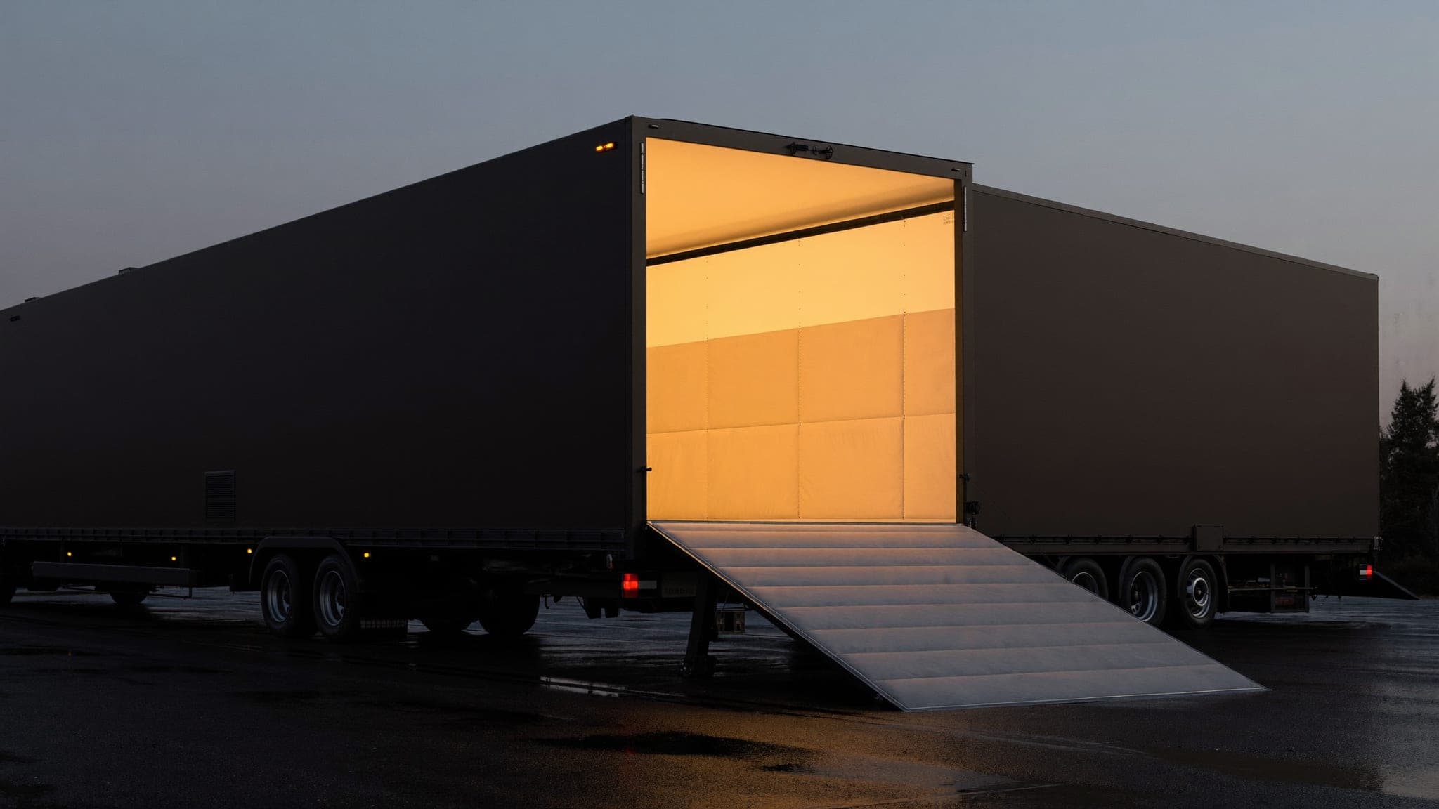 Unmarked enclosed transporter with lowered ramp glowing warmly at dusk, ready for discreet vehicle collection