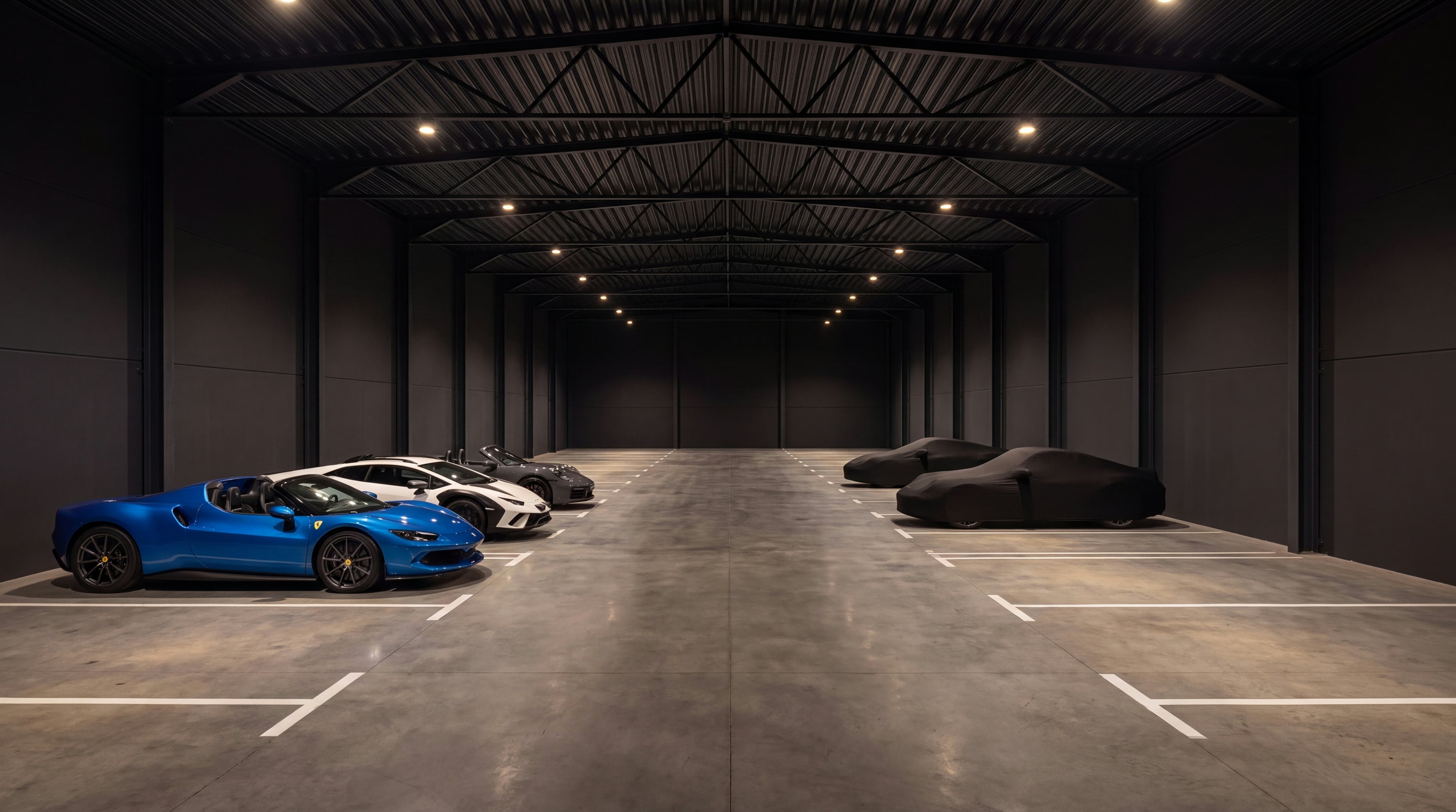 Galeria automóvel privada da Vault 620, com automóveis de exceção a repousar sob capas interiores feitas à medida, em luz quente