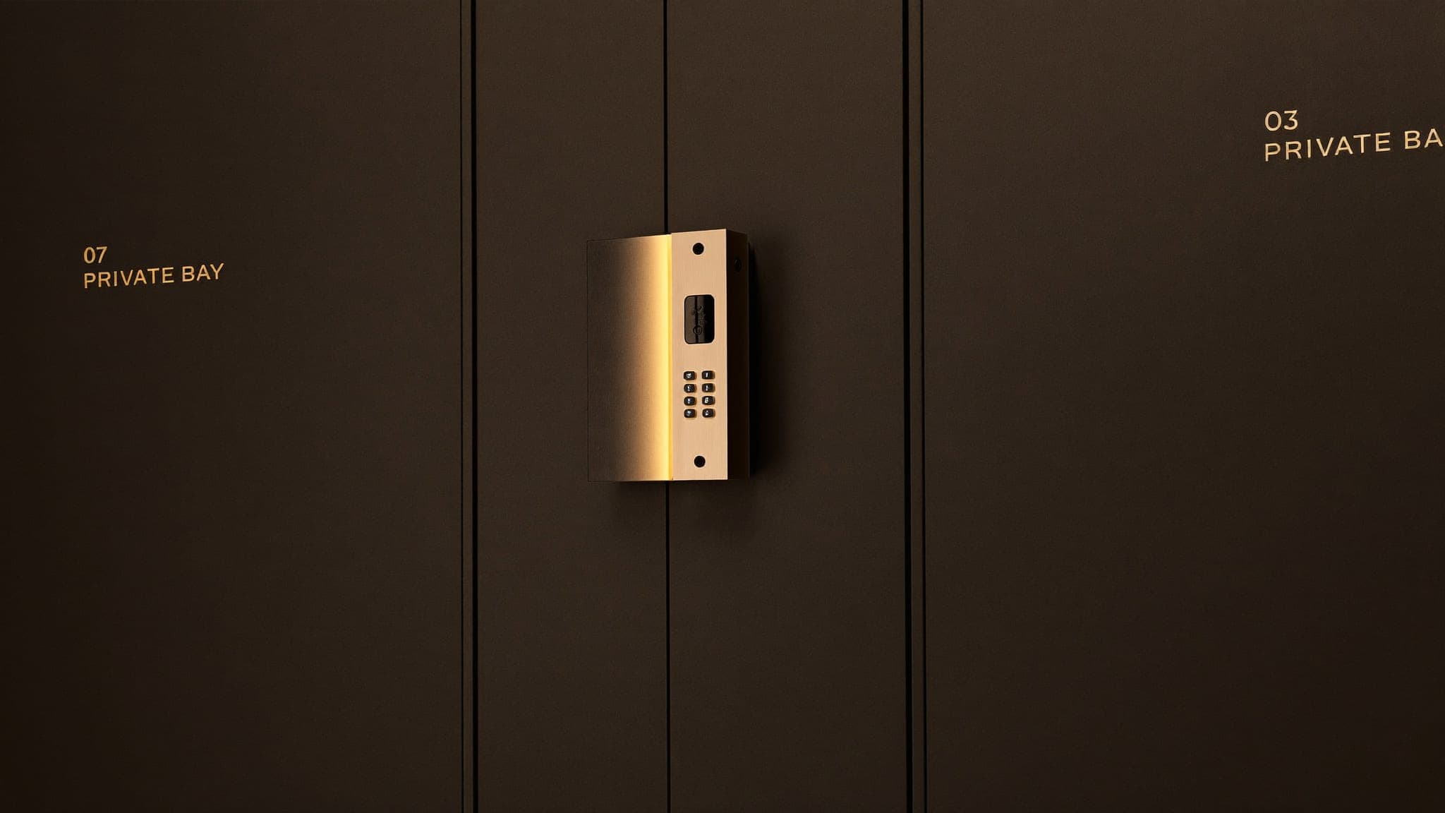 Matte black private bay door with brass 07 plaque and keypad access at Vault 620 luxury car storage